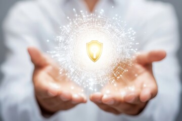 Hands Holding Light Shield Symbolizing Security and Protection Concept