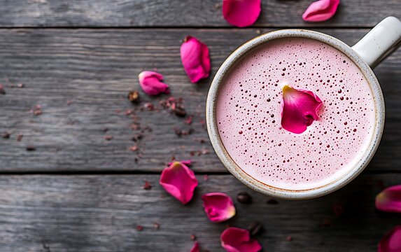 Pink Rose Latte, Coffee Drink, Floral Beverage, Rustic Background
