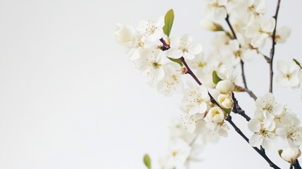 Fototapeta premium Delicate cherry blossoms in the corner of a white gray background