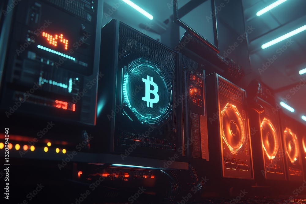 Poster high-tech bitcoin mining operation with advanced computer equipment