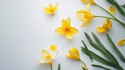 Fototapeta premium Yellow flowers scattered on a white gray background 