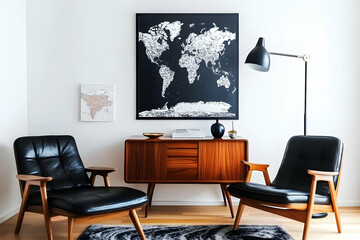 Stylish Mid-Century Modern Interior: Black Leather Armchairs Flanking a Wooden Console with World Map Artwork and Floor Lamp