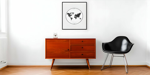 Modern minimalist room interior shows a framed world map print above a vintage wooden cabinet and a black chair on herringbone wood floor.