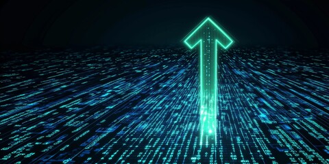 Digital arrow glowing in a stream of binary data representing growth and progress in technology