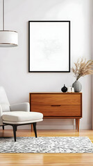 Abstract Line Art Print Decorates Modern Living Room with Mid-Century Chair and Rug