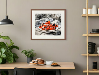 A Still Life Photograph of Orange Dessert Balls Decorated with Black Berries, Resting on a Plate and Set on Rocks, Captured in a Rustic Setting