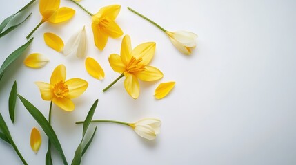 Naklejka premium Yellow flowers scattered on a white gray background 