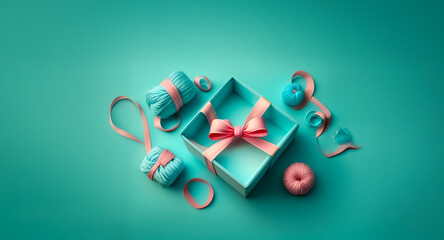 Obraz premium Open gift box with a pink bow, surrounded by small wrapped items and ribbon on a blue surface. A festive and celebratory arrangement.