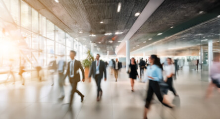 Blurred motion of diverse business professionals in a modern, bright office building with large windows and tiled floors.