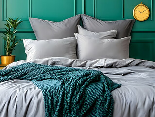 Teal Knitted Throw Draped on Gray Bedding against a Teal Green Wall in a Bedroom Setting
