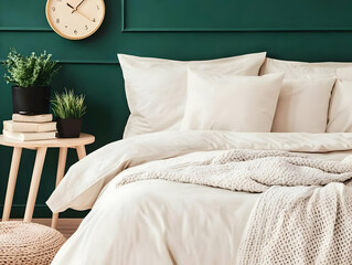 Cream-colored bedding neatly arranged on a bed, complemented by a plush throw blanket, sitting against a dark green wall with a clock and plants on a side table.