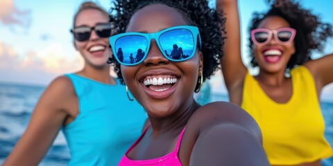 Three women are smiling and wearing sunglasses