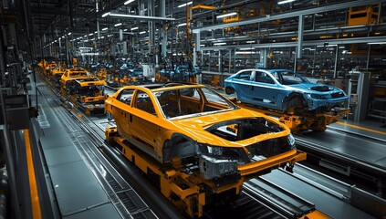 Advanced vehicle assembly line showcasing orange and blue car frames in a modern factory setting