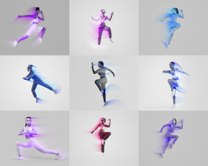 A collage featuring energetic athletes engaged in various workout activities. The focus is on their impressive movements and commitment to a healthy, active lifestyle in a minimalist setting.