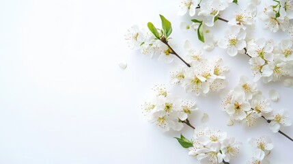 Obraz premium Delicate cherry blossoms in the corner of a white gray background