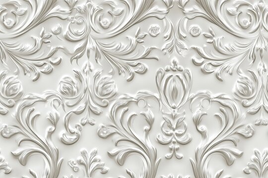 Seamless silver intricate white floral and leaf pattern embossed on a textured surface, creating a classic and elegant design.