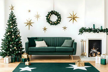 Elegant Christmas Living Room Decor: Green Sofa, Decorated Tree, and Gold Stars