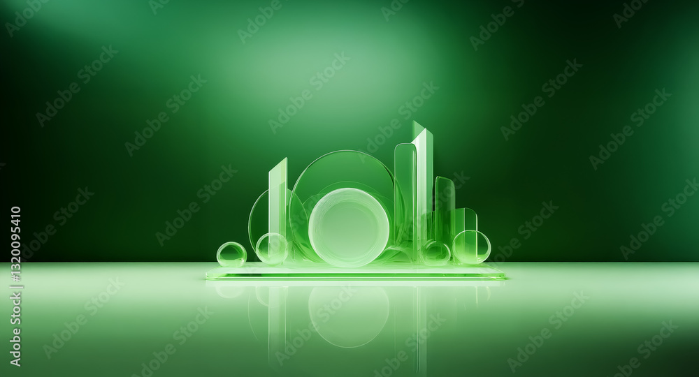 Aufkleber abstract green geometric composition on reflective surface. cylinders, spheres, and rings of varying