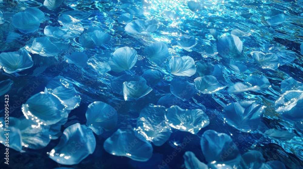 Poster bright azure background with large soft petals floating gently on tranquil water surface beneath nat