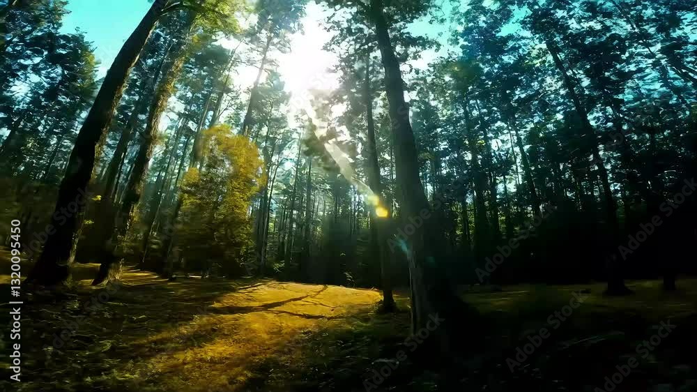 Poster sunlight filtering through tall trees in forest
