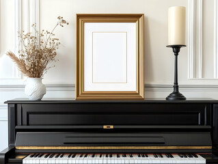 Elegant Gold Frame Mockup on Black Piano with Dried Flowers and Candle