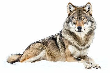 Fototapeta premium Wolf Laying Calmly in Snow with Detailed Fur and Isolated on White Background with Clear Eyes