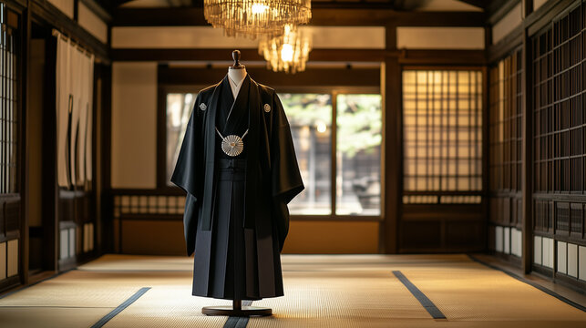 Japanese traditional men's clothing products in the form of black hakama and kimono with simple motifs, displayed on a mannequin in a traditional Japanese-style room. ai generated images.