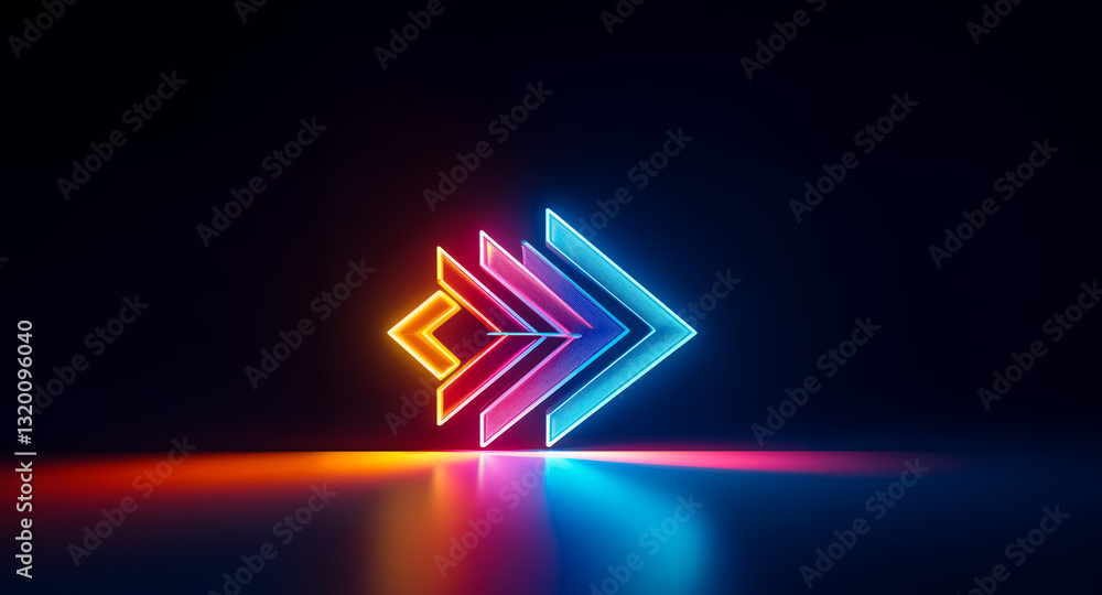 Poster abstract glowing geometric shape with sharp edges and arrow design, illuminated in vibrant neon blue