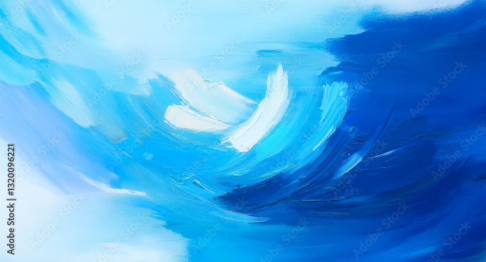 Poster abstract painting with dynamic brush strokes in shades of blue, ranging from light sky to deep ocean