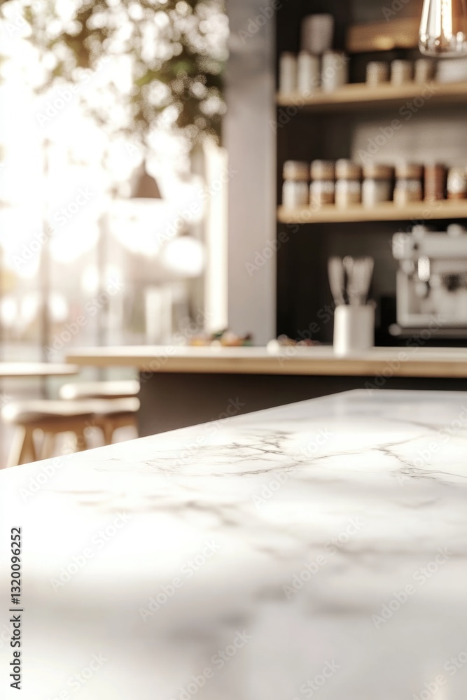 Poster A blank white tabletop serves as a backdrop, featuring a counter and desk with a softly blurred bokeh light background. The surface resembles white marble, complemented by a shelf and an out-of-focus