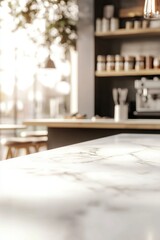 A blank white tabletop serves as a backdrop, featuring a counter and desk with a softly blurred bokeh light background. The surface resembles white marble, complemented by a shelf and an out-of-focus