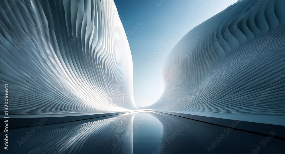 Poster abstract architectural design featuring smooth, curved white structures with rhythmic lines and a re