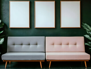 Three blank frames hang above a grey and pink sofa against a dark green wall, minimalist interior design.