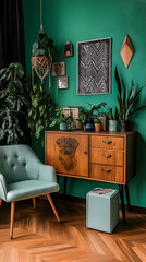 Mid-century Modern Room Decor: Teal Chair and Wooden Cabinet with Green Plants against Emerald Green Wall