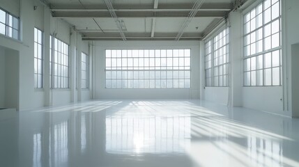 Fototapeta premium A wide shot of an empty white warehouse with large windows