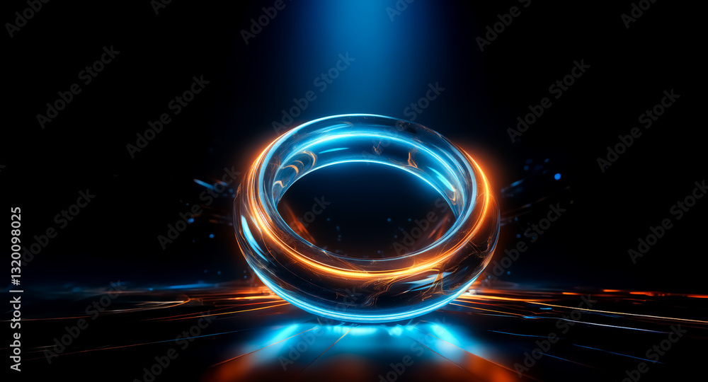 Poster glowing torus shape with blue and orange light effects on dark backdrop. light beam shines above, il