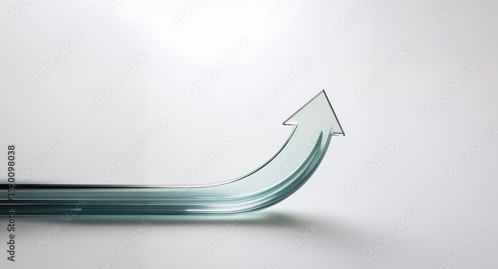 Poster curved glass arrow pointing up on a white backdrop. translucent arrow reflects light, creating a sof