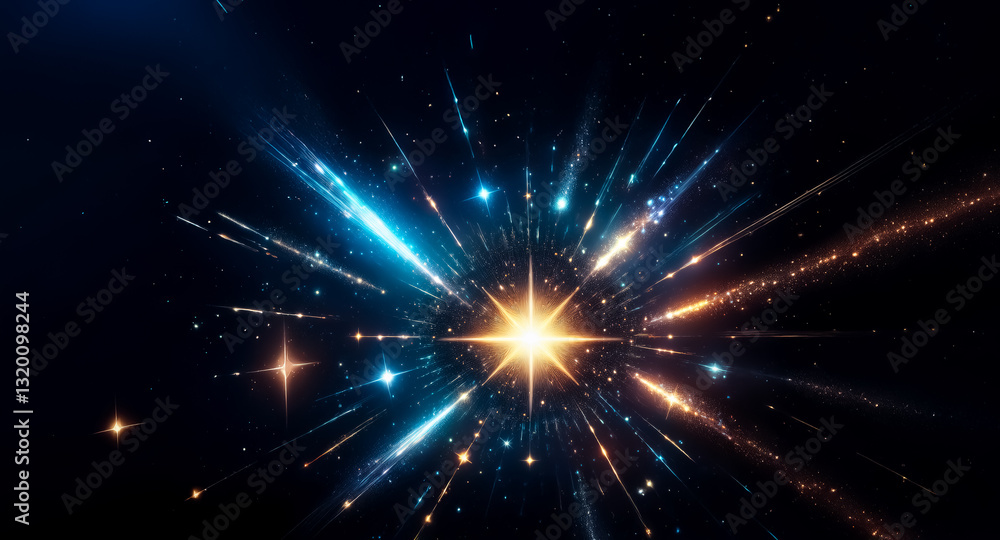 Poster brilliant starburst of light explodes in the dark space. radiant blue and gold rays emanate from a c