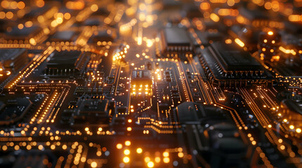 Obraz premium Illuminated Electronic Circuit Board with Microchips and Electrical Components in Warm Tones Futuristic High Tech Background