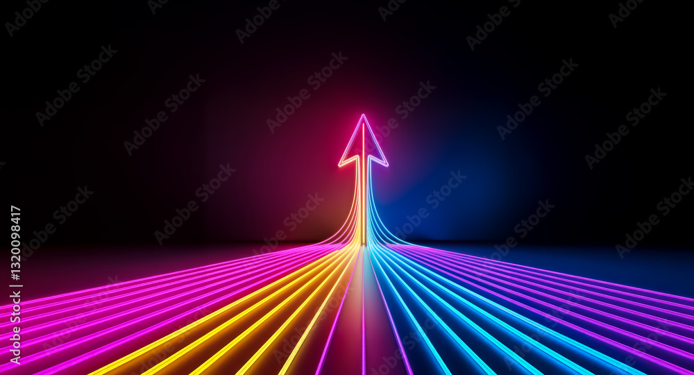 Poster a vibrant neon arrow ascends from colorful converging lines on a dark backdrop, symbolizing progress