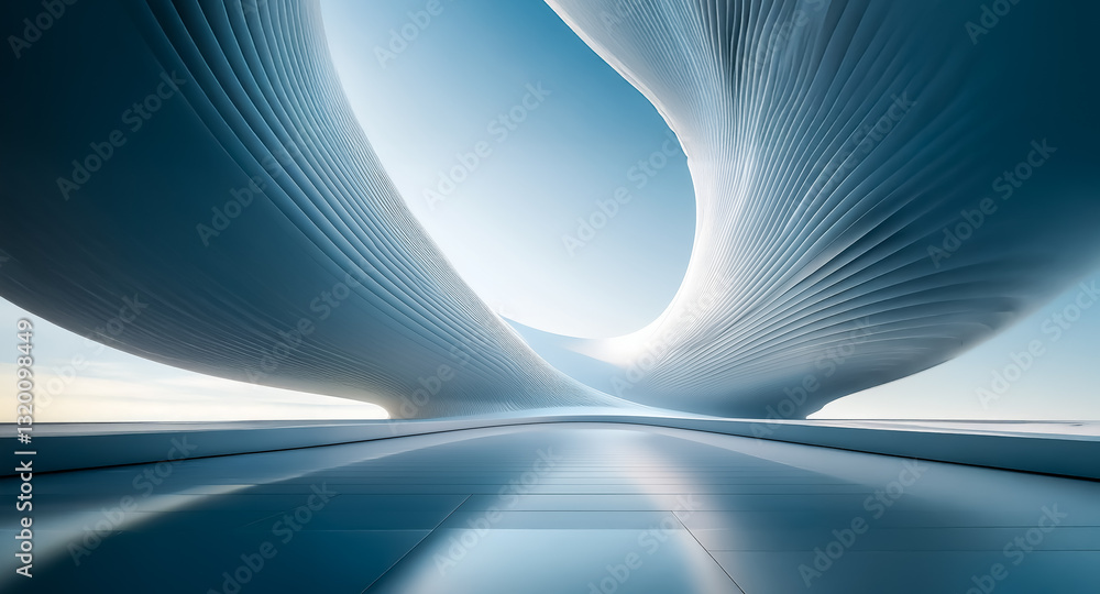 Poster futuristic abstract architecture with smooth, curved lines in blue and white. a minimalist design cr