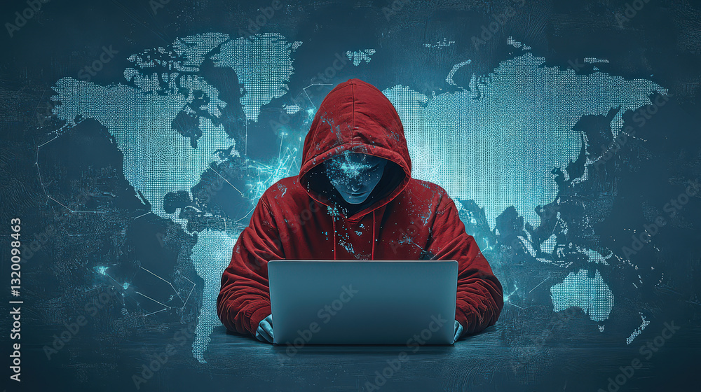 Poster person in red hoodie using laptop with digital world map background, symbolizing cyber activity and 