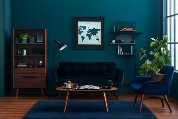 Teal Room Interior Design: Velvet Sofa, Wooden Coffee Table, and World Map Artwork Decorates a Stylish Living Space