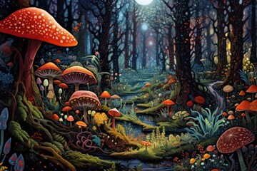 Fototapeta premium A mystical and magical forest scene with numerous colorful mushrooms
