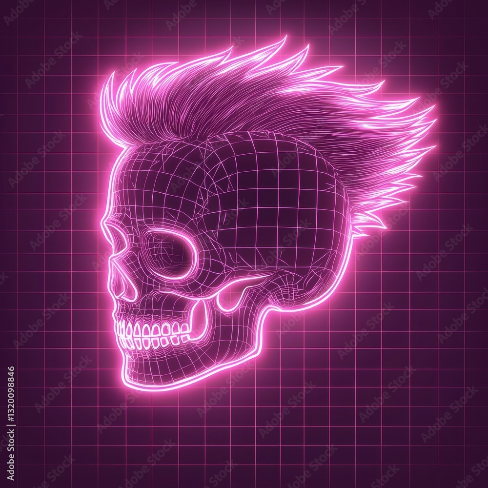 Aufkleber glowing neon skull with geometric patterns and grid background in vivid colors