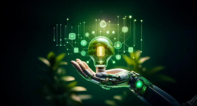 A cybernetic hand gently holds a glowing lightbulb containing fresh green leaves, symbolizing eco-friendly technology and sustainable energy sources in a digital age.