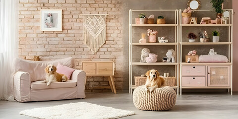 Golden Retrievers Relaxing in a Pastel-Colored Room with Macrame Wall Hanging and Wooden Furniture