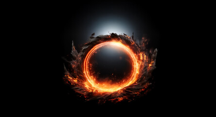 A vibrant fiery ring bursts forth against a stark black backdrop, emanating intense heat and light.  The circular form suggests a portal or gateway, glowing with raw energy and power.