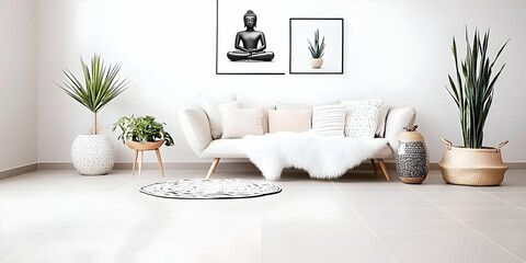 Serene Living Room Interior Design: White Sofa with  Neutral Pillows and Plants, Featuring a Buddha Statue Artwork, creating a calming atmosphere.