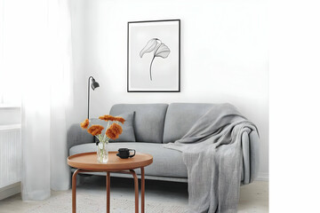 Modern Living Room Interior with Gray Sofa, Wooden Coffee Table, and Minimalist Botanical Print on the Wall, creating a serene atmosphere.